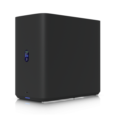 UNAS-4-B : UniFi Storage — Network-attached storage with 4 HDD bays, 2 M.2 NVMe SSD slots, 2.5 GbE networking, USB-C, and included PoE+++ adapter.