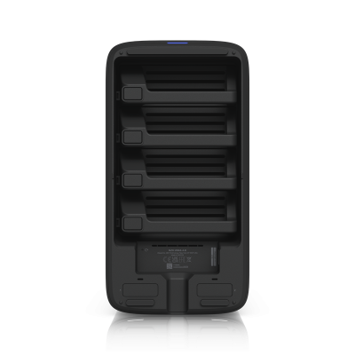 UNAS-4-B : UniFi Storage — Network-attached storage with 4 HDD bays, 2 M.2 NVMe SSD slots, 2.5 GbE networking, USB-C, and included PoE+++ adapter.