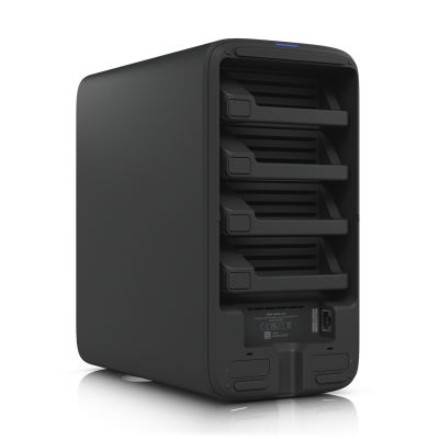 UNAS-4-B : UniFi Storage — Network-attached storage with 4 HDD bays, 2 M.2 NVMe SSD slots, 2.5 GbE networking, USB-C, and included PoE+++ adapter.