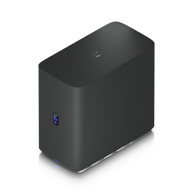 UNAS-4-B : UniFi Storage — Network-attached storage with 4 HDD bays, 2 M.2 NVMe SSD slots, 2.5 GbE networking, USB-C, and included PoE+++ adapter.