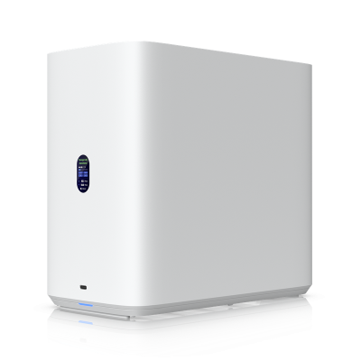 UNAS-4-W : UniFi Storage — Network-attached storage with 4 HDD bays, 2 M.2 NVMe SSD slots, 2.5 GbE networking, USB-C, and included PoE+++ adapter.