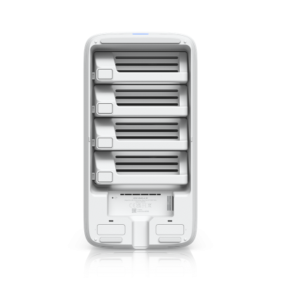 UNAS-4-W : UniFi Storage — Network-attached storage with 4 HDD bays, 2 M.2 NVMe SSD slots, 2.5 GbE networking, USB-C, and included PoE+++ adapter.