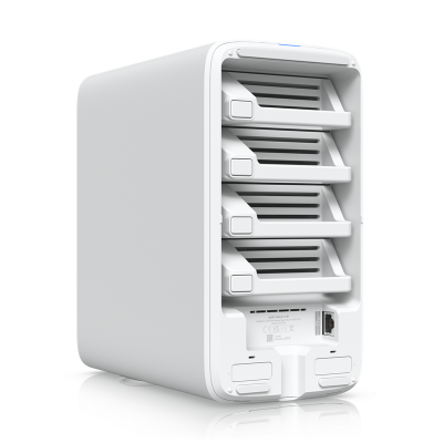 UNAS-4-W : UniFi Storage — Network-attached storage with 4 HDD bays, 2 M.2 NVMe SSD slots, 2.5 GbE networking, USB-C, and included PoE+++ adapter.