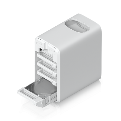 UNAS-4-W : UniFi Storage — Network-attached storage with 4 HDD bays, 2 M.2 NVMe SSD slots, 2.5 GbE networking, USB-C, and included PoE+++ adapter.