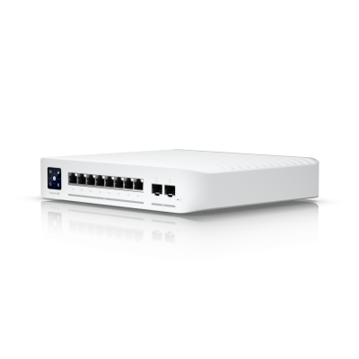 USW-Enterprise-8-PoE (120W) : An 8-port, Layer 3 switch with 2.5 GbE PoE+ output.