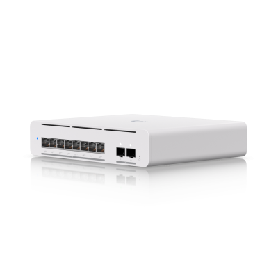 USW-Pro-XG-8-PoE (155W) : Compact desktop/wall-mountable, professional-grade 8-port, Layer 3 Etherlighting PoE++ switch with (8) 10 GbE and (2) 10G SFP+ ports