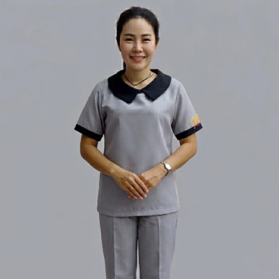 เสื้อแม่บ้านคอบัว สีเทาแต่งสีกรม คอบัวแหลม