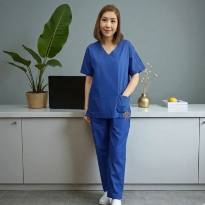 ชุดสครับ สีกรม ผ้าโทเร 210 เส้น (เสื้อ+กางเกง)