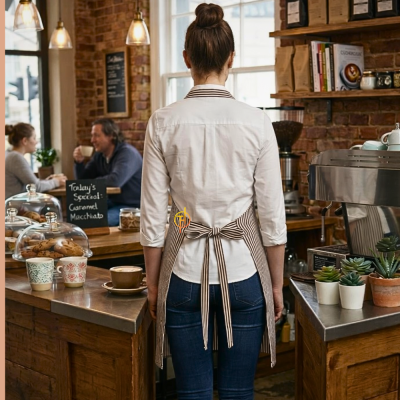 ผ้ากันเปื้อนเต็มตัว ลายริ้วขาว น้ำตาล