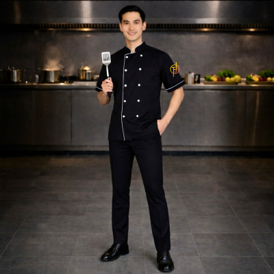 เสื้อกุ๊กสากล สีดำกุ๊นขาวแขนสั้น ผ้าดีวาย  ( DY  Fabric )