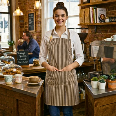 ผ้ากันเปื้อนเต็มตัว ลายริ้วขาว น้ำตาล