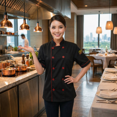 เสื้อกุ๊ก สากล แขนสั้น สีดำ แต่งกุ๊นสีแดง