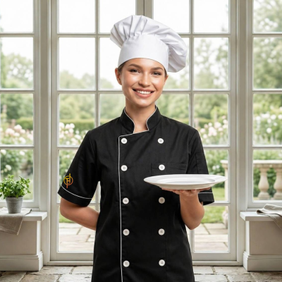 เสื้อกุ๊ก สากล คอจีน แขนสั้น สีดำ แต่งกุ๊นสีขาว