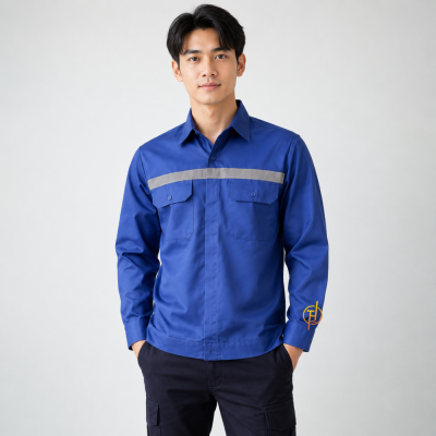 เสื้อช็อปแขนยาว สีน้ำเงิน ผ้าคอมทวิว
