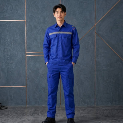 เสื้อช็อปแขนยาว สีน้ำเงิน ผ้าคอมทวิว