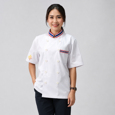 เสื้อกุ๊ก สากล แขนสั้น สีขาว แต่งแถบลายธงชาติ