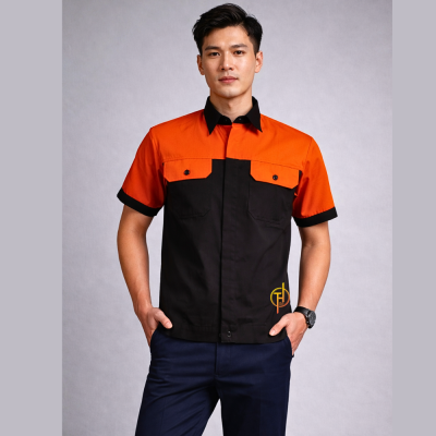 เสื้อช็อป แขนสั้น สีดำต่อบ่าส้ม ผ้าคอมทวิว