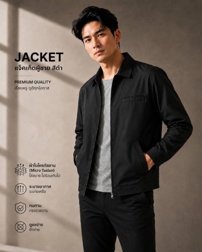 เสื้อแจ็คเก็ต ผู้ชาย สีดำ ผ้าไมโครทัสลาน ( Micro Taslan )