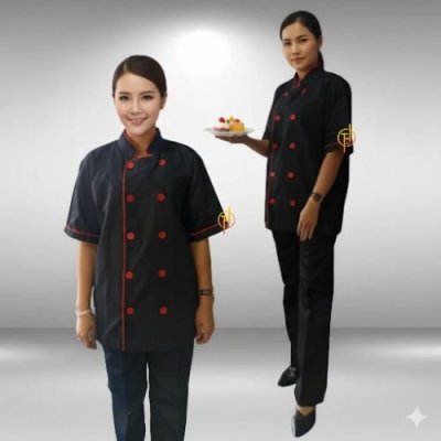 เสื้อกุ๊ก สากล แขนสั้น สีดำ แต่งกุ๊นสีแดง