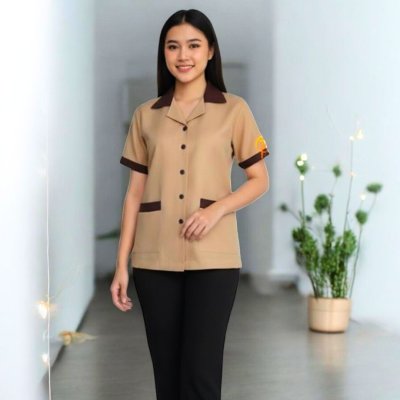 เสื้อแม่บ้าน คอฮาวาย สีน้ำตาลอ่อน ปกสีน้ำตาลเข้ม