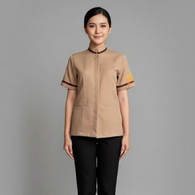 เสื้อแม่บ้านคอจีน สีกากี แต่งสีน้ำตาลเข้ม