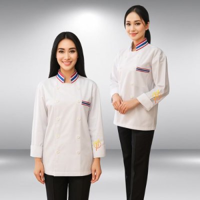 เสื้อกุ๊ก สากล คอจีน แขนยาว สีขาว แต่งแถบธงชาติ