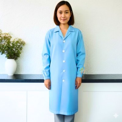 เสื้อกาวน์ยาว ปลายเเขนดึงยาง สีฟ้า