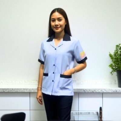 เสื้อแม่บ้าน คอฮาวาย สีฟ้าอ่อน ปกสีกรม