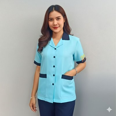 เสื้อแม่บ้าน คอฮาวาย สีฟ้า