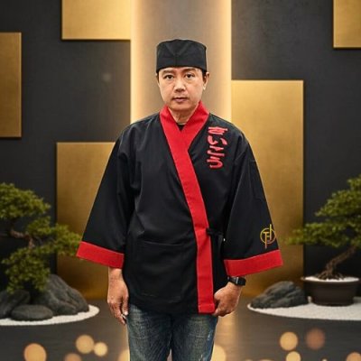 เสื้อเชฟญี่ปุ่น สีดำกุ๊นสีแดง