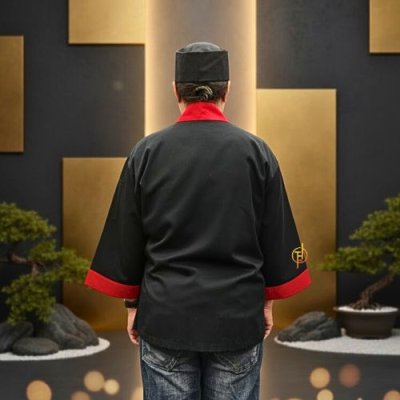 เสื้อเชฟญี่ปุ่น สีดำกุ๊นสีแดง