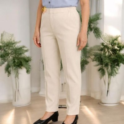 กางเกงแม่บ้าน เอวยางข้าง สีครีม