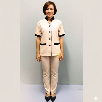 กางเกงแม่บ้าน เอวยางข้าง สีครีม