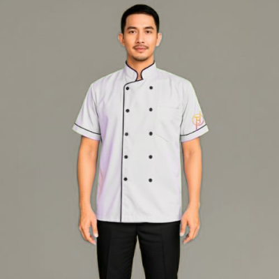 เสื้อกุ๊กสากล สีขาวกุ๊นดำแขนสั้น ผ้าดีวาย ( DY  Fabric )