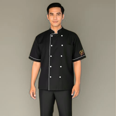 เสื้อกุ๊กสากล สีดำกุ๊นขาวแขนสั้น ผ้าดีวาย  ( DY  Fabric )