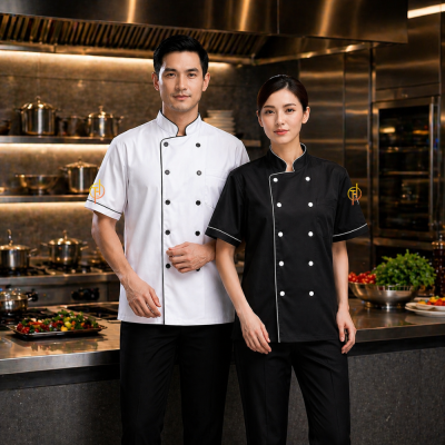 เสื้อกุ๊กสากล สีดำกุ๊นขาวแขนสั้น ผ้าดีวาย  ( DY  Fabric )