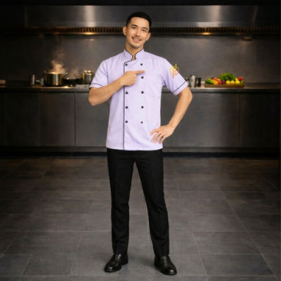 เสื้อกุ๊กสากล สีขาวกุ๊นดำแขนสั้น ผ้าดีวาย ( DY  Fabric )