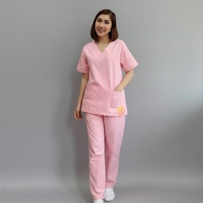 ชุดสครับ สีชมพู ผ้าโทเร 210 เส้น