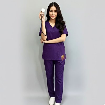 ชุดสครับ สีม่วงเข้ม ผ้าโทเร 210 เส้น