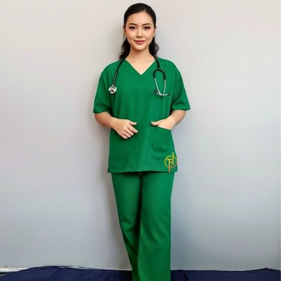 ชุดสครับ คอวีเกย สีเขียว ผ้าโซล่อน