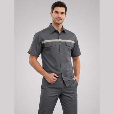 เสื้อช็อปแขนสั้น สีเทา ผ้าคอมทวิว (Comb Twill)