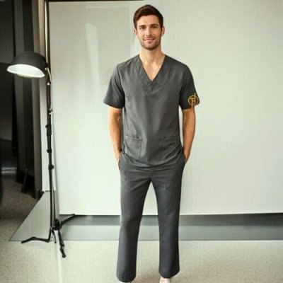 ชุดสครับคอวีเกย สีเทาเข้ม ( เสื้อ+กางเกง )