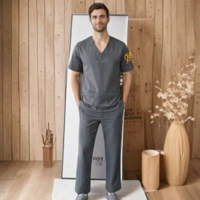 ชุดสครับคอวีเกย สีเทาเข้ม (เสื้อ+กางเกง)