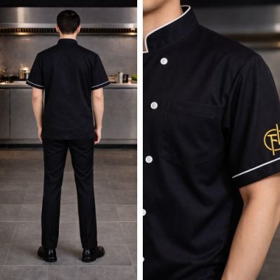 เสื้อกุ๊กสากล สีดำกุ๊นขาวแขนสั้น ผ้าดีวาย  ( DY  Fabric )