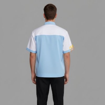 เสื้อช็อปสีฟ้าต่อบ่าสีขาว แขนสั้น ผ้าดีวาย