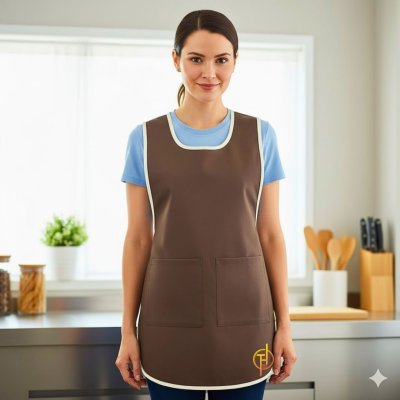 ผ้ากันเปื้อน สวมหัว สีน้ำตาลขอบขาว