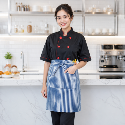 ผ้ากันเปื้อน ครึ่งตัวสั้น ลายริ้วฟ้า