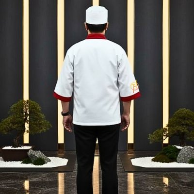 เสื้อเชฟญี่ปุ่น สีขาวกุ๊นแดง
