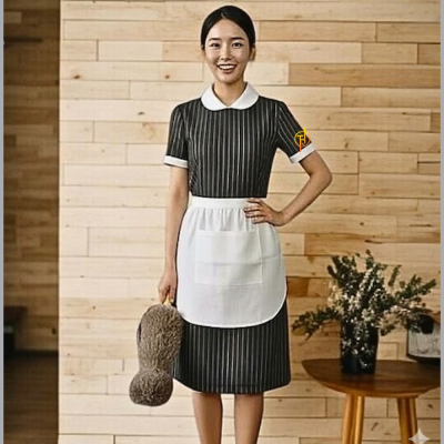 ชุดเดรสแม่บ้านคอบัว สีดำลายริ้วขาว ( ไม่รวมผ้ากันเปื้อน )