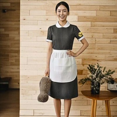 ชุดเดรสแม่บ้านคอบัว สีดำลายริ้วขาว ( ไม่รวมผ้ากันเปื้อน )